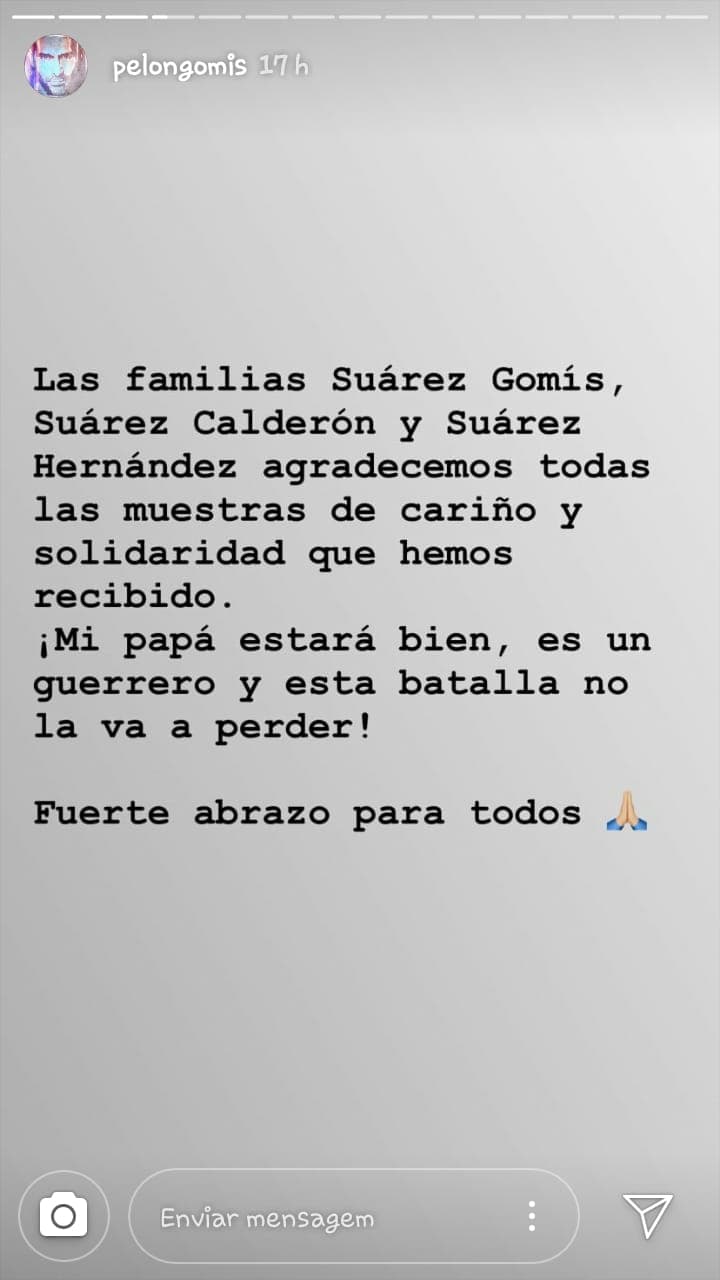 Asimismo, el actor de 50 años agradeció a nombre de su familia las muestras de apoyo que ha recibido Héctor Suárez.