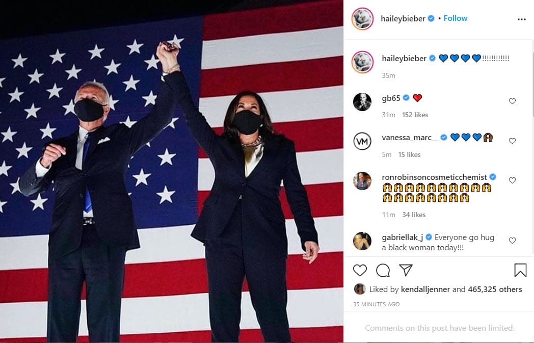 <b>Hailey Baldwin</b>, esposa de Justin Bieber, se sumó a la causa con una fotografía de los ganadores de la contienda electoral.