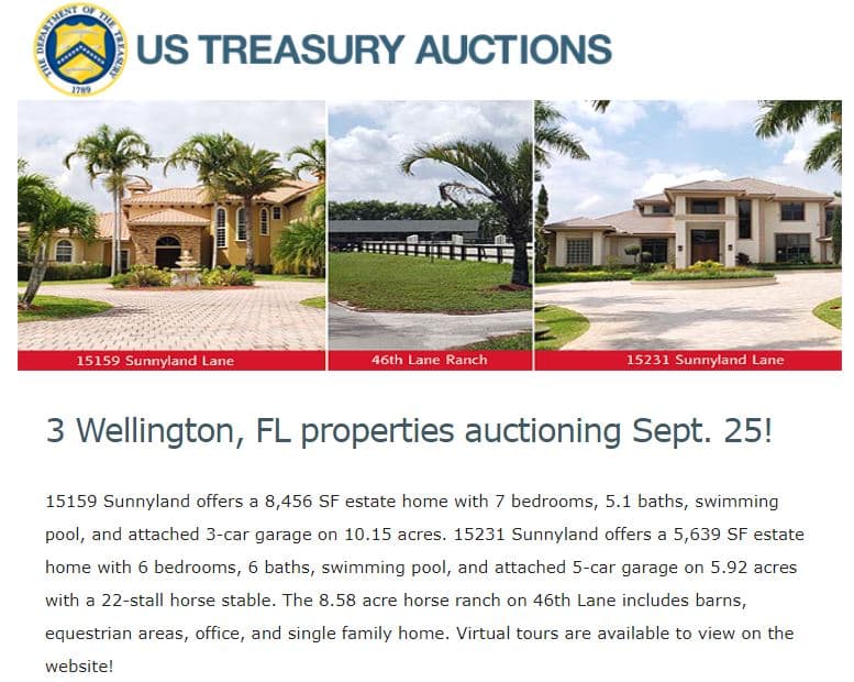 El anuncio del Deptamente de Tesoro la subasta de mansion y la granja de Alejandro Andrade en Wellington, Florida, valorado en casi 8 milliones de dólares. Septiembre 25, 2019.