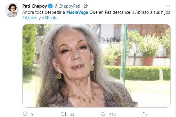 La presentadora Pati Chapoy se sumó a los mensajes: "Ahora toca despedir a Isela Vega. Que en paz descanse. Abrazo a sus hijos Arturo y Shaula".