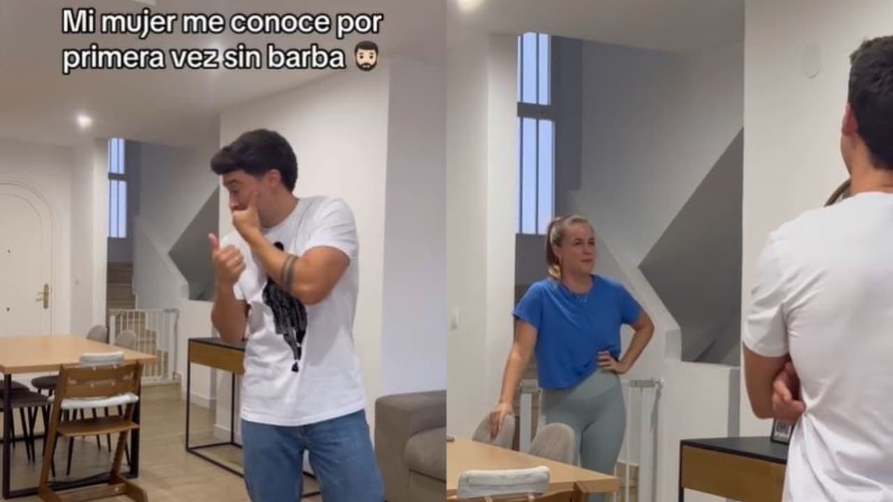 Mujer queda en shock al ver a su pareja sin barba.