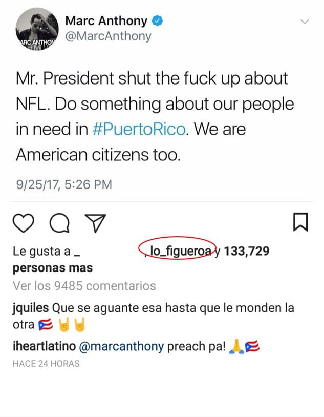 El también puertoriqueño e hijo del cantante Chayanne, Lorenzo Figueroa, mostró su apoyo al cantante a través de Instagram.