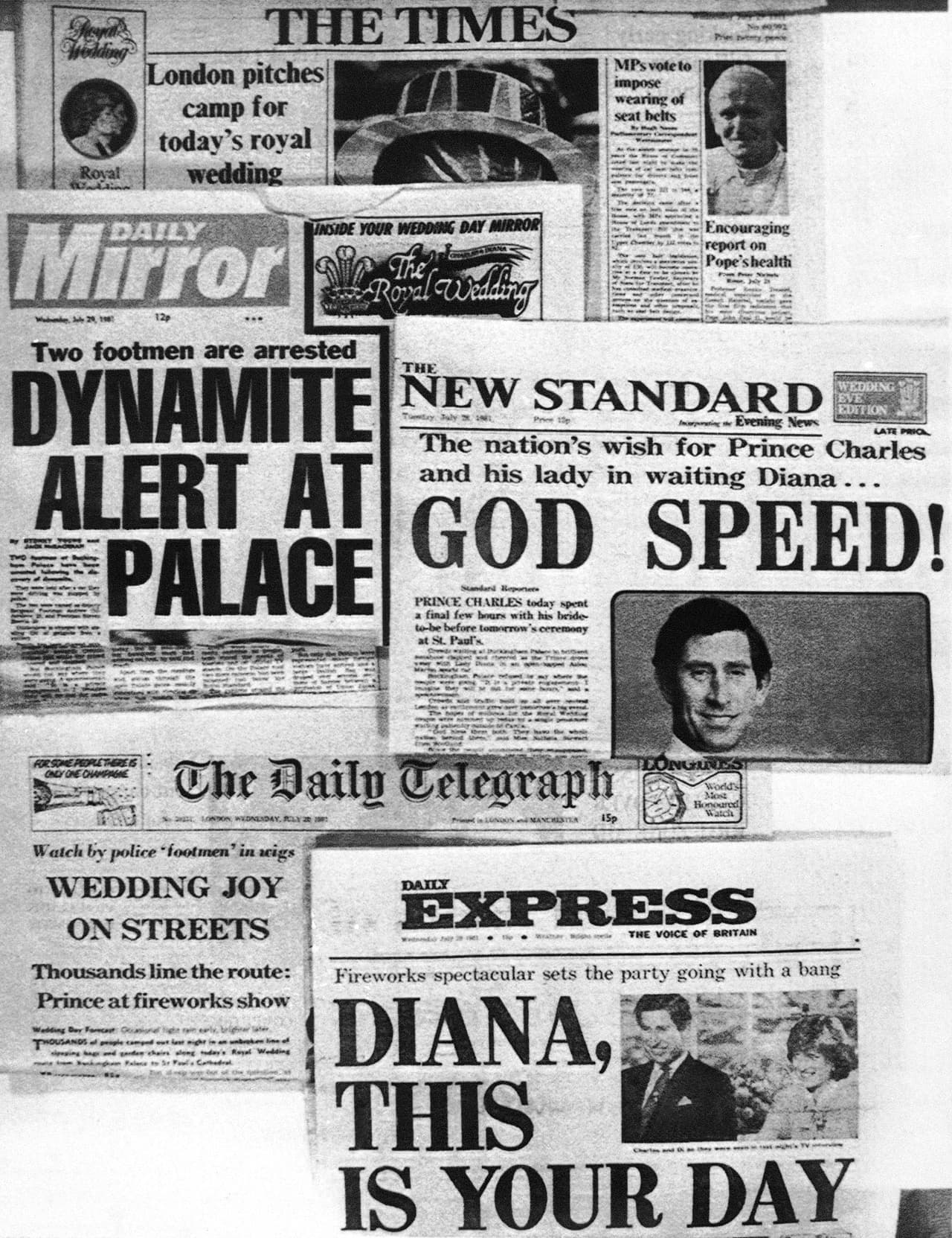 Primeras páginas de periódicos ingleses del 29 de julio mostrando la noticia de la boda real y deseándole buena suerte a los futuros esposos. Once años después, en 1992, un 
<a href="https://www.nytimes.com/1992/12/10/world/charles-and-diana-are-separating-amicably.html" target="_blank">comunicado del Palacio de Buckingham</a> que anunciaba que los príncipes de Gales 
<a href="https://www.royal.uk/diana-princess-wales" target="_blank">habían acordado separarse</a>. "Habíamos luchado para mantenerlo en marcha, pero obviamente a los dos nos habíamos quedado sin fuerza", dijo luego Diana en una entrevista con la cadena británica 
<a href="https://www.bbc.co.uk/news/special/politics97/diana/panorama.html" target="_blank">BBC</a>.