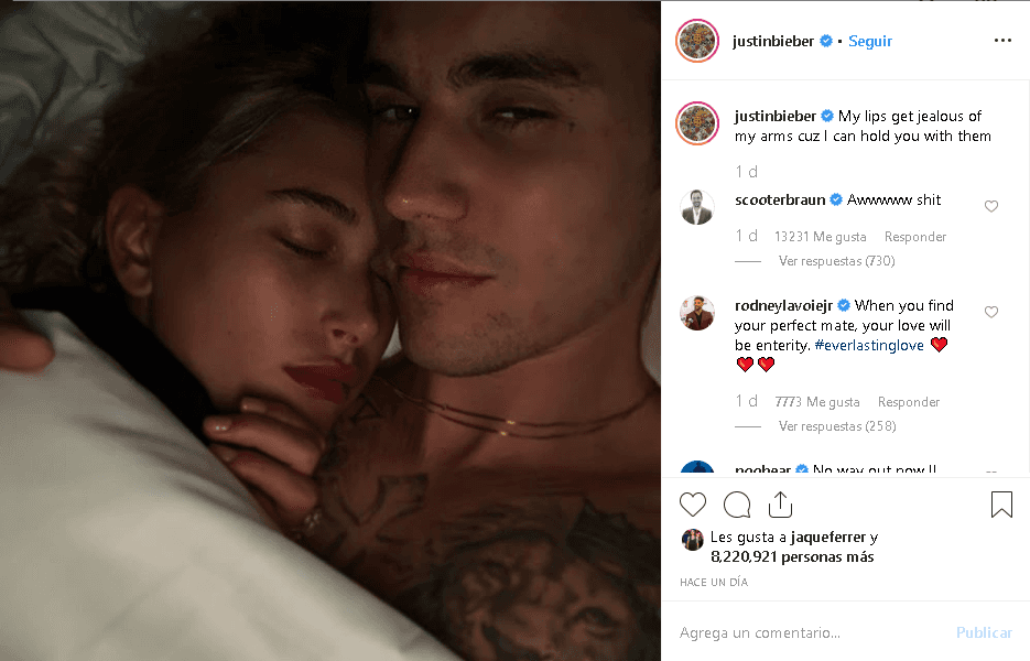 "Mis labios se ponen celosos de mis brazos porque puedo sostenerte en ellos", 
<b><a href="https://www.instagram.com/p/Bzt23oVHYLd/" target="_blank">escribió Justin</a></b> al pie de la foto.