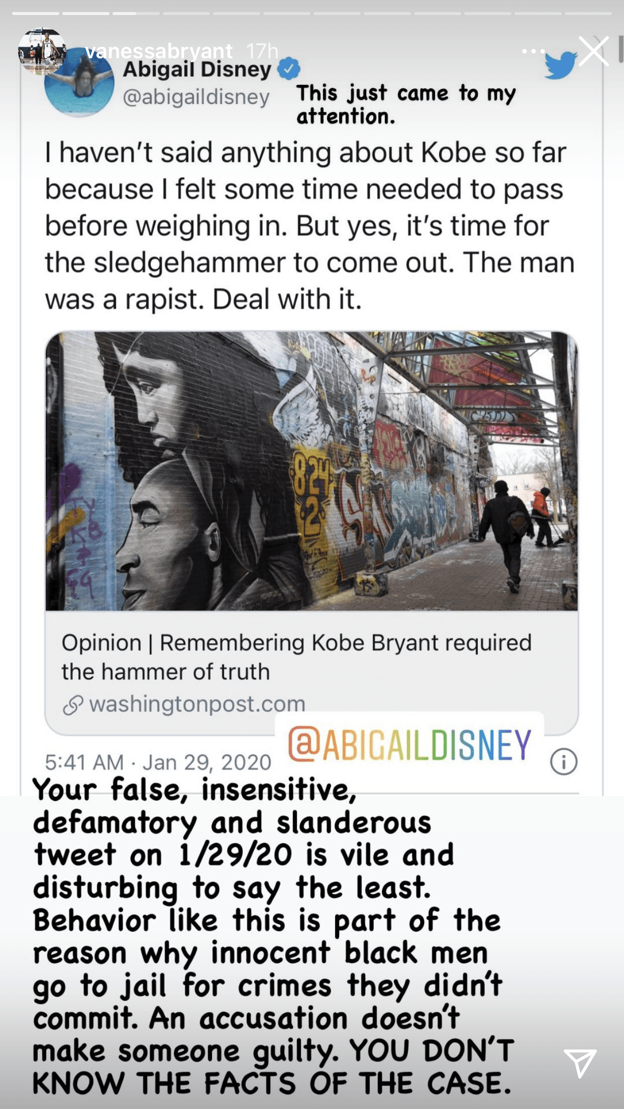 Vanessa Bryant envió el mismo mensaje a la productora de cine Abigail Disney, nieta de Roy O. Disney, quien cofundó The Walt Disney Company.
<br>