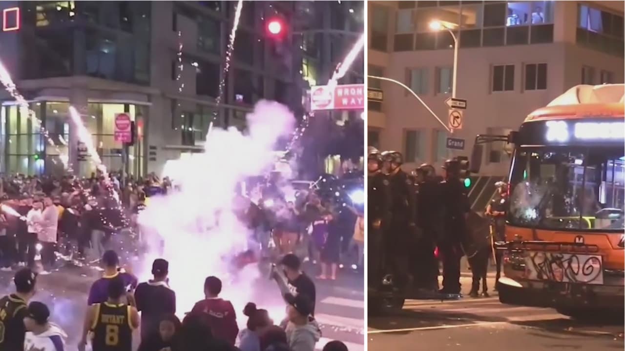 Las autoridades indicaron que luego de que el equipo de Los Lakers se coronara como campeón de la NBA 2020 se registraron desmanes en el centro de Los Ángeles. Decenas de personas detonaron pólvora, lanzaron botellas, pintaron con grafiti las fachadas de varios establecimientos, prendieron fuego en el interior de un autobús y protagonizaron saqueos. En total ocho policías resultaron heridos.