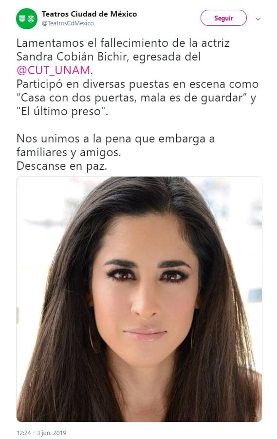 La cuenta oficial de Teatros de la Ciudad de México confirmó la noticia de la muerte de la actriz, un día después del incidente.
<br>