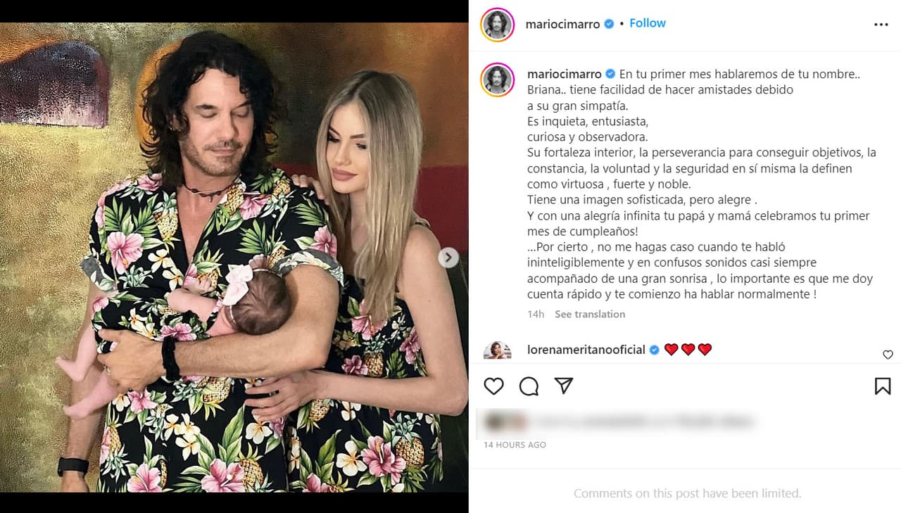 Mario Cimarro y su pareja Bronislava Gregušová celebraron el primer mes de su hija Briana con esta fotografía familiar.
