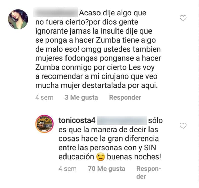 La mujer no paró y respondió a quienes la atacaron en la red social, pero de igual manera lo hizo Costa.