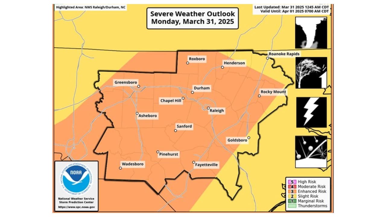 Este mapa muestra en color naranja las zonas bajo un riesgo 3 de 5 de condiciones severas en Carolina del Norte este 31 de marzo.