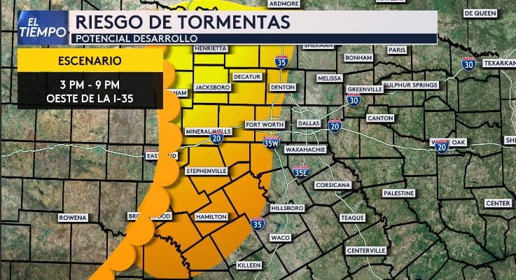<b>Entre las 3 de la tarde y las 9 de la noche de este martes</b>, las tormentas podrían desarrollarse al oeste del Metroplex, en áreas como 
<b>Mineral Wells, Stephenville, Decatur, Jacksboro y partes de Denton y Fort Worth.</b>