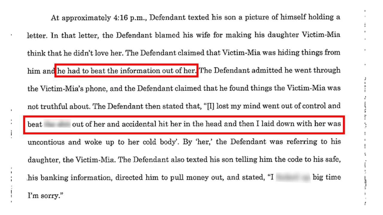 <b>"Perdí la cabeza y la apaleé"</b>
<br>En la carta, Almaru confiesa a su hijo que "perdió la cabeza y la apaleó y accidentalmente la golpeó en la cabeza". De acuerdo con la autopsia, Mia presentaba golpes en todo el cuerpo, producidas por diversos objetos. El cráneo de Mia estaba intacto, por lo que las autoridades sospechan que los golpes que recibió fueron tan fuertes, que su cerebro chocó con su cráneo.