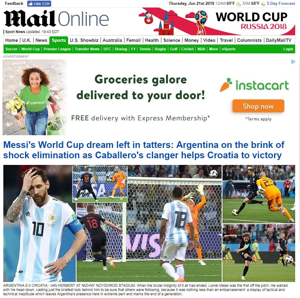 Daily Mail (Reino Unido) se fue duro y a la cabeza contra Caballero por arruinar el sueño de Messi que ahora pende de un hilo.