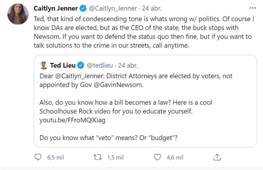 El tuit de Caitlyn Jenner no solo habría generado polémica ante Kim Kardashian, sino también en el mundo político. El congresista Ted Lieu le hizo ver a la exatleta que
<b><a href="https://twitter.com/Caitlyn_Jenner/status/1386143332661923843?ref_src=twsrc%5Etfw%7Ctwcamp%5Etweetembed%7Ctwterm%5E1386143332661923843%7Ctwgr%5E%7Ctwcon%5Es1_&ref_url=https%3A%2F%2Fwww.tmz.com%2F2021%2F04%2F26%2Fkim-kardashian-caitlyn-jenner-prison-reform-governor%2F" target="_blank">el gobernador de California no tiene la facultad de nombrar a los fiscales</a></b> del Estado, como dio a entender en el tuit.
<br>