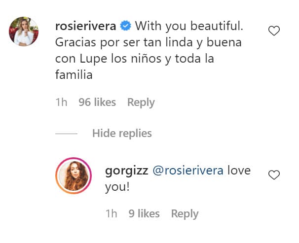 Su cuñada Rosie Rivera le escribió unas palabras para mostrarle su apoyo y le agradeció por el cariño hacia sus sobrinos.
<br>