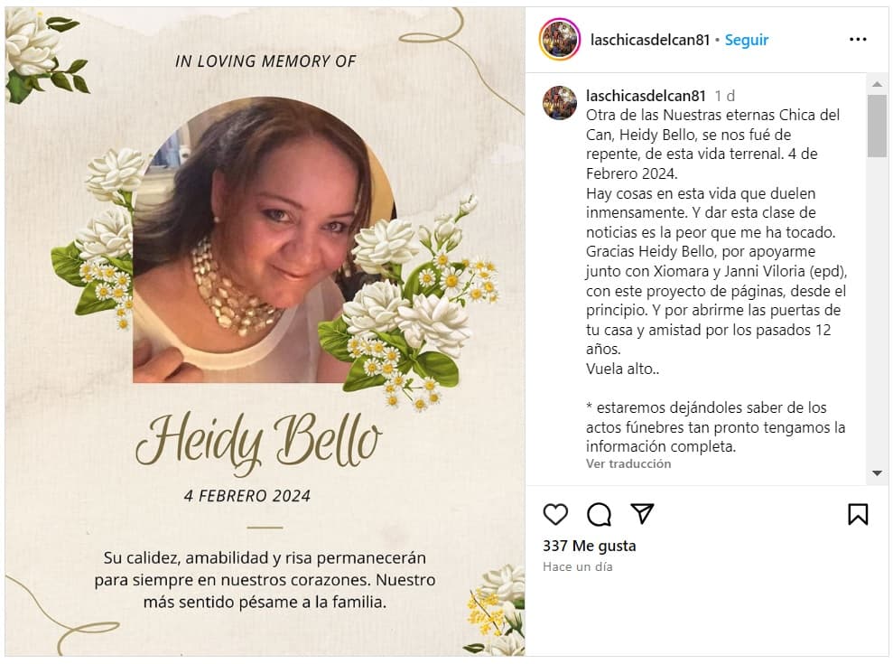 Se dio a conocer la muerte de Heidy Bello.