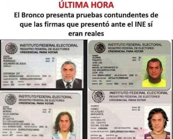 En marzo, el Instituto Nacional Electoral detectó que tres aspirantes a una candidatura independiente utilizaron
<b><a href="https://www.univision.com/noticias/univision-investiga/sospechan-de-fraude-en-las-firmas-de-apoyo-a-candidatos-independientes-en-mexico"> firmas falsas</a></b> para obtener un registro. Entre ellos estaba Jaime Rodríguez 'El Bronco', que usó casi 388,000 firmas falsas de un total de 2 millones que presentó. Según los usuarios de redes, así fue cómo las consiguió.