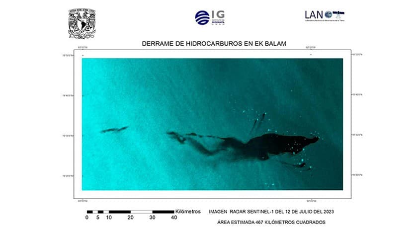 Imagen proporcionada por el Instituto de Geografía (IGg) y del Laboratorio Nacional de Observación de la Tierra (Lanot), de la UNAM, dieron seguimiento, a través de imágenes de radar, a las dos fugas registradas en los campos petroleros de Ek Balam.