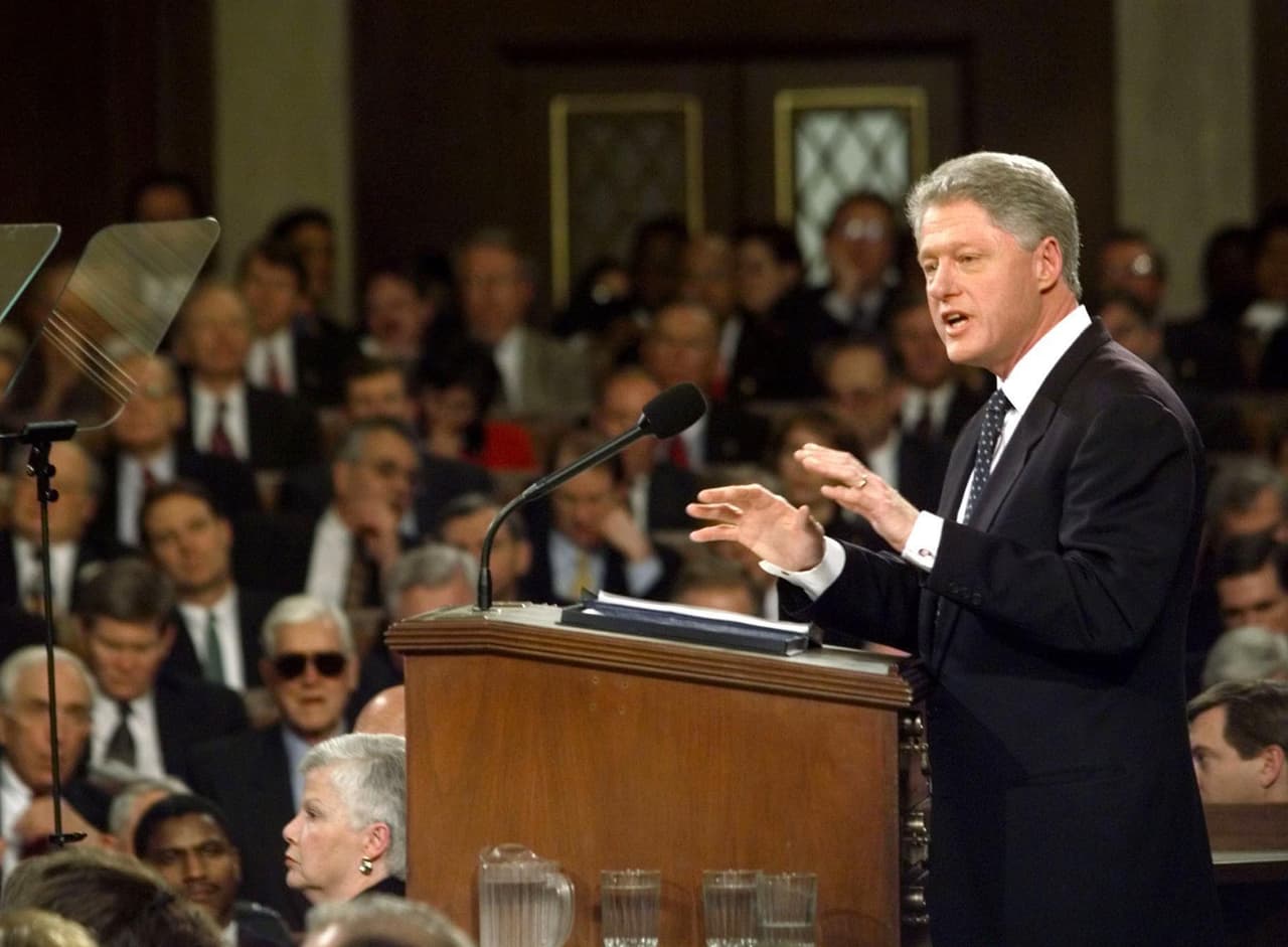 Washington, Dc - 01/19/99 (670.729) President Bill Clinton Delivers The State Of The Union Address Before A Joint Session Of Congress January 19. January 19. Clinton Said, "I Stand Before You To Report That The State Of Our Union Is Strong." (Photo By Pool/Getty Images)