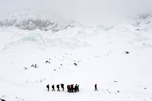 Sobrevivientes y rescatistas caminan enmedio de una inmensa capa de hielo.