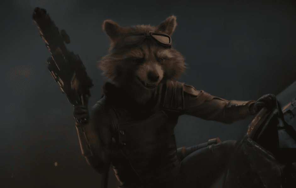 Rocket usando bufanda roja de Starlord