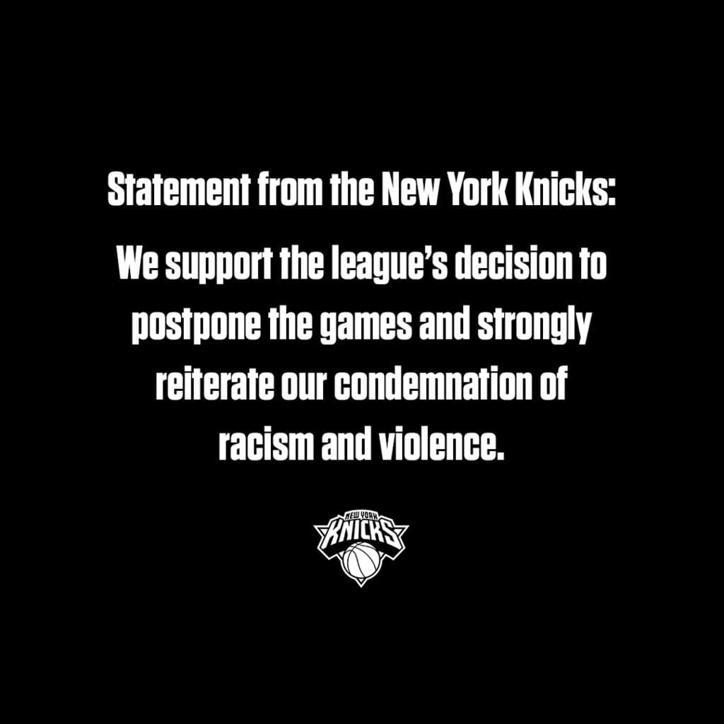New York Knicks | Tras el caso de Jacob Blake, estos equipos se pronunciaron en contra del racismo a través de sus cuentas de redes sociales.