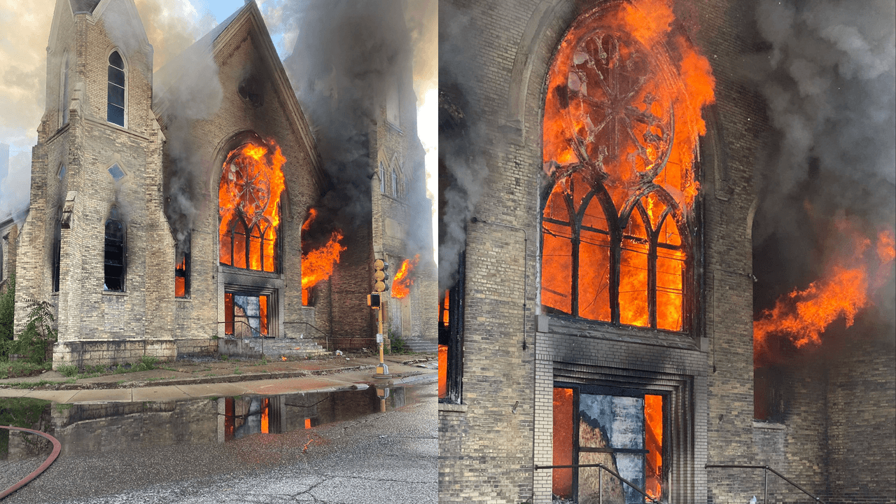 En video: Intensas y voraces llamas consumen esta antigua catedral en Rockford