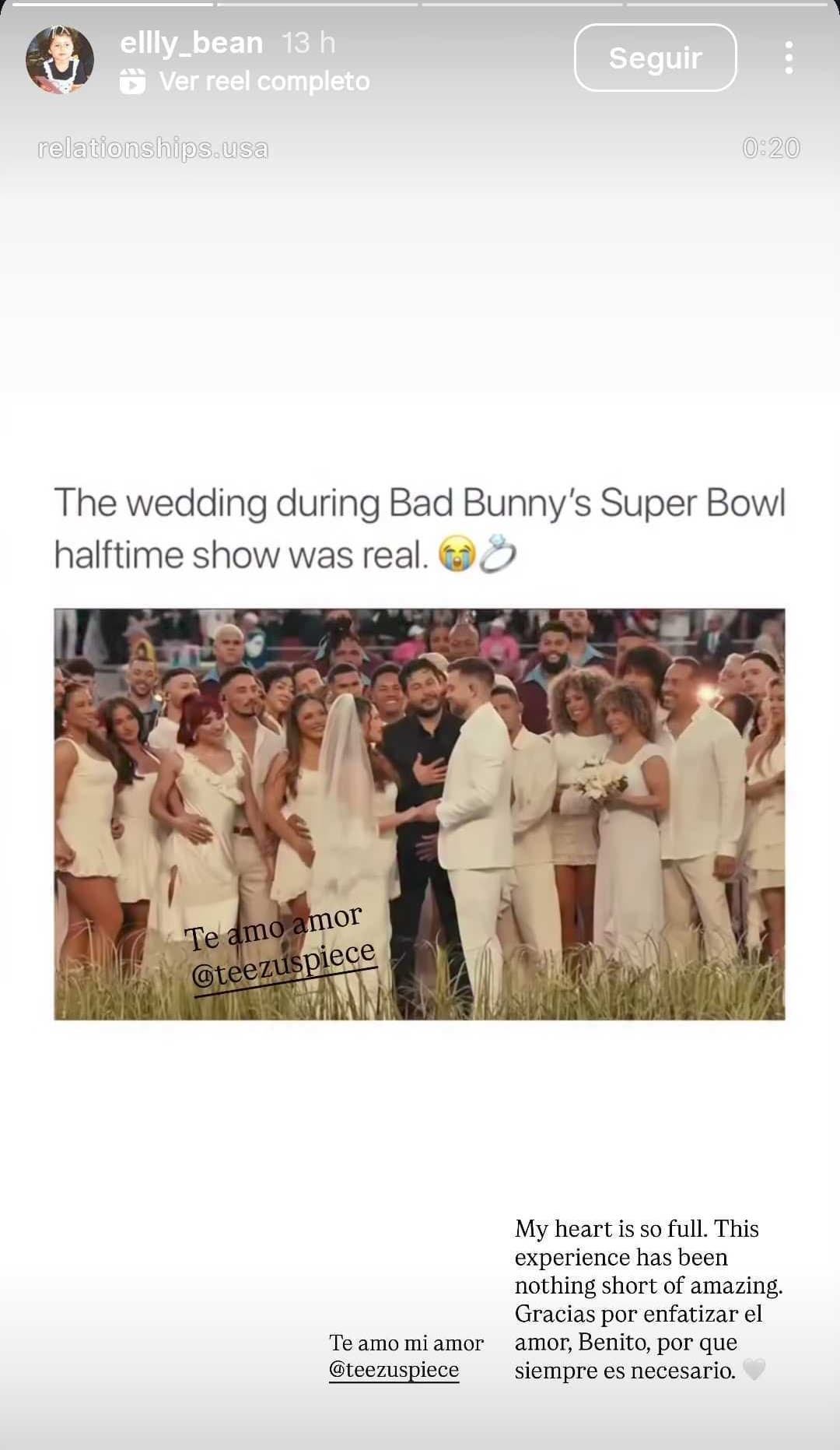 Elly Bean compartió este mensaje sobre su boda en el show de Bad Bunny en el medio tiempo del Super Bowl.
