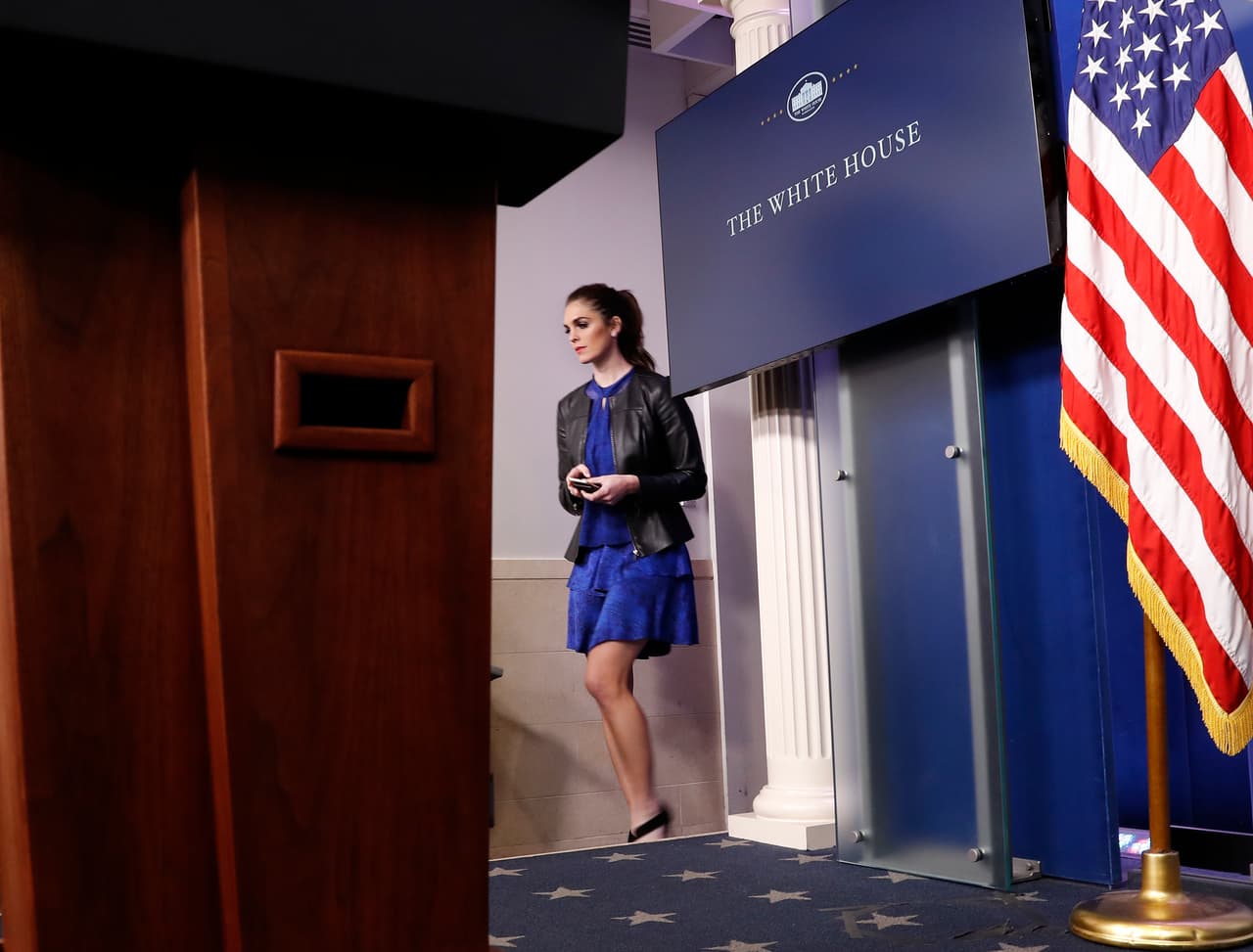 <b>Communications in the White House. </b>Hope Hicks inspects the press room, before the start of the daily briefing. February 14, 2017.