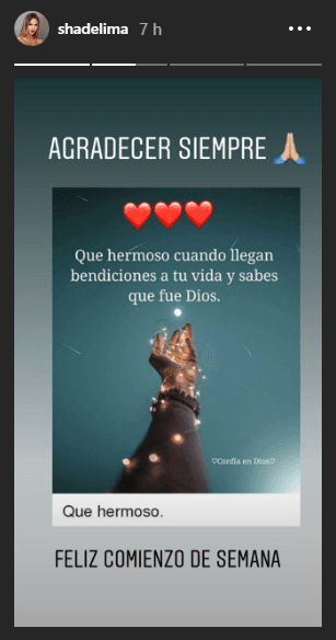 Horas antes de que el colombiano publicara su foto con Samuel, De Lima compartió en sus historias de Instagram un mensaje donde se expresó agradecida: “Qué hermoso es cuando llegan bendiciones a tu vida y sabes que fue Dios”.