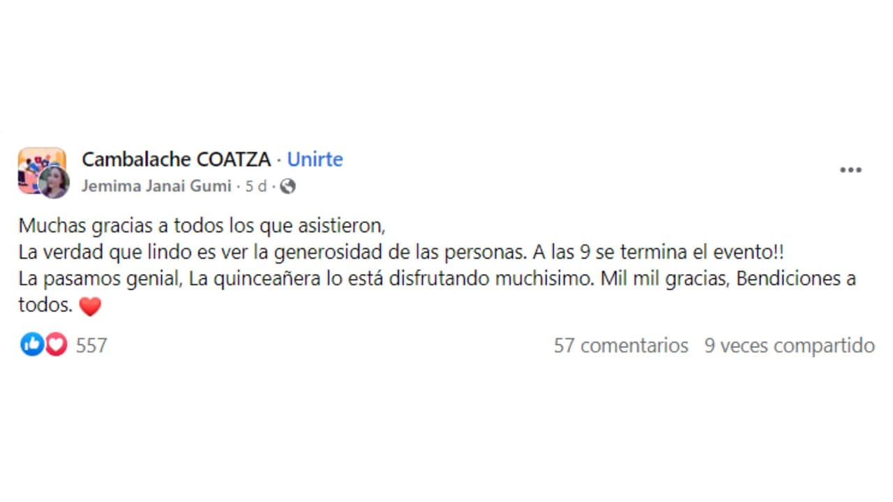 Prima de quinceañera plantada agradece ayuda en Facebook.