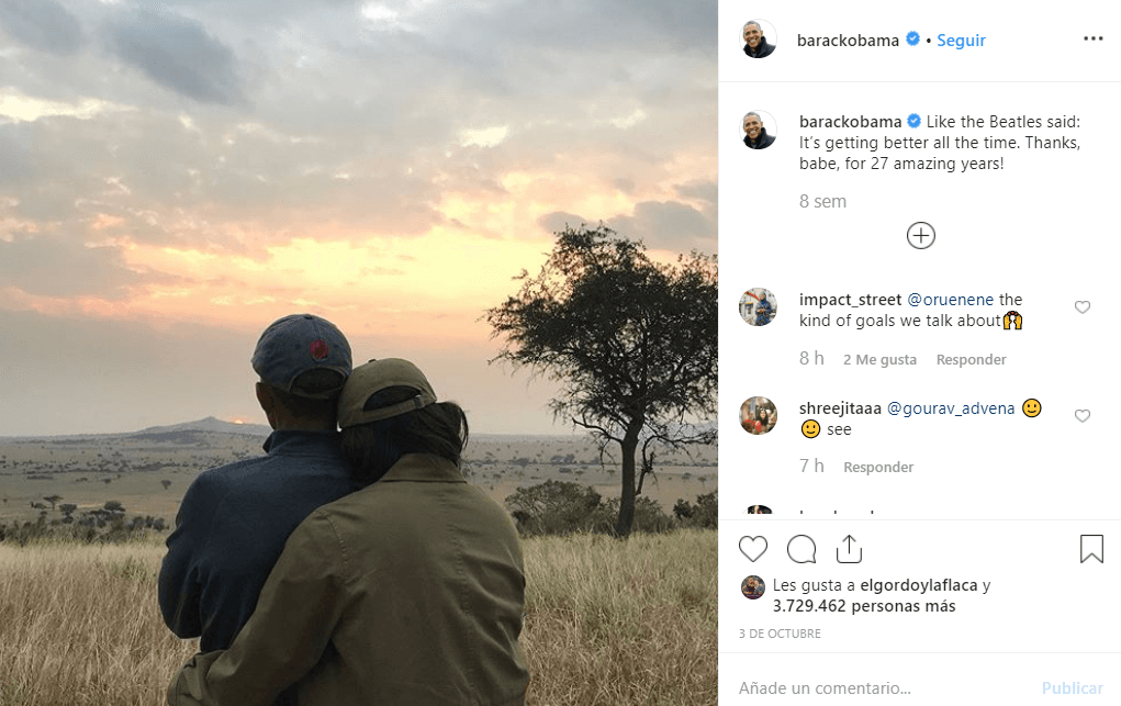 El pasado mes de octubre, Michelle y Barack Obama celebraron su aniversario 27 de bodas con esta fotografía.