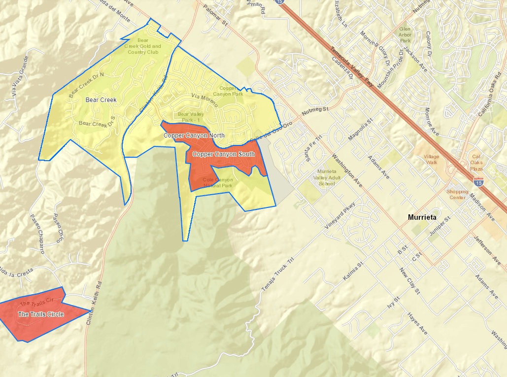 Las comunidades afectadas son: Tenaja Road , Clinton Keith Road, Copper Canyon, al sur de la Calle del Oso Oro, entre Clinton Keith y Murrieta Creek en la Calle del Oso Oro.
