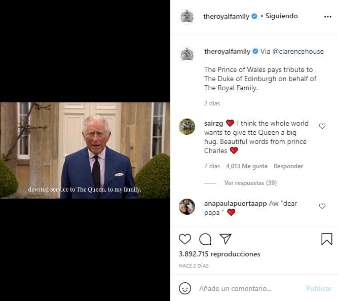 En un video de un minuto y medio, el príncipe Carlos reveló cuánto extrañarán al duque de Edimburgo él y la reina.