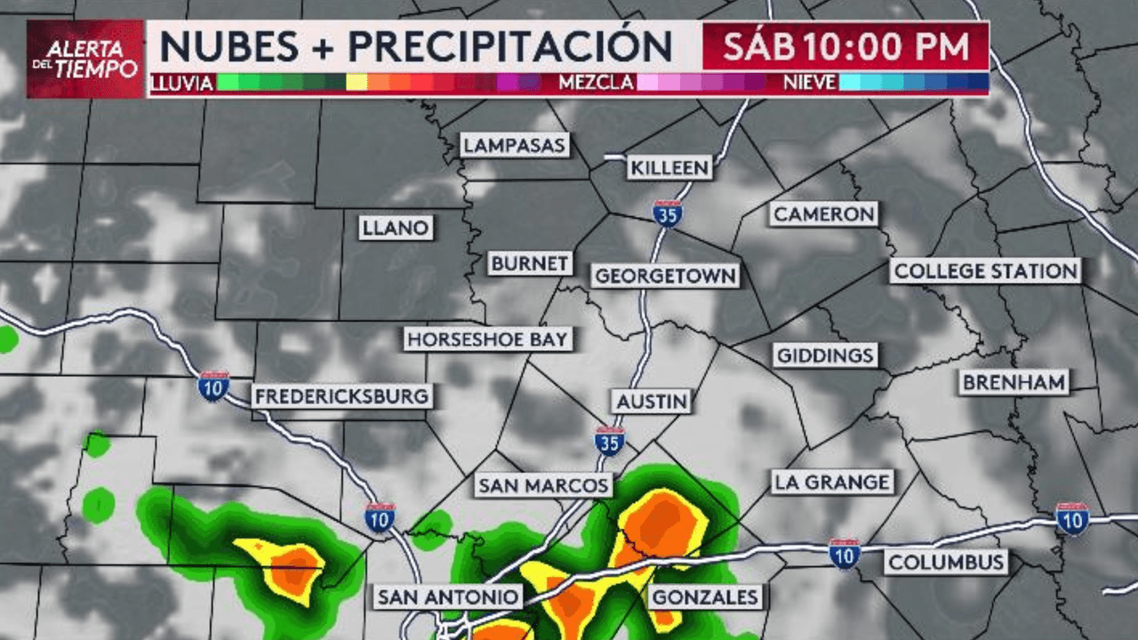 A las 10 pm las tormentas estarán afectando el sur de San Marcos, el área de Gonzales y San Antonio.