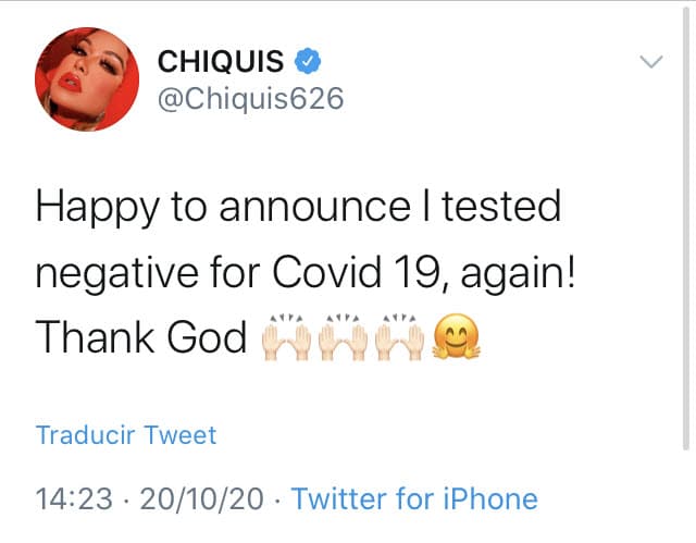 En medio de todos esos tuits, publicó uno más acerca de que
<b><a href="https://twitter.com/Chiquis626/status/1318633987653259264" target="_blank">dio negativo al covid-19 </a></b>tras su viaje a la Ciudad de México.
<br>