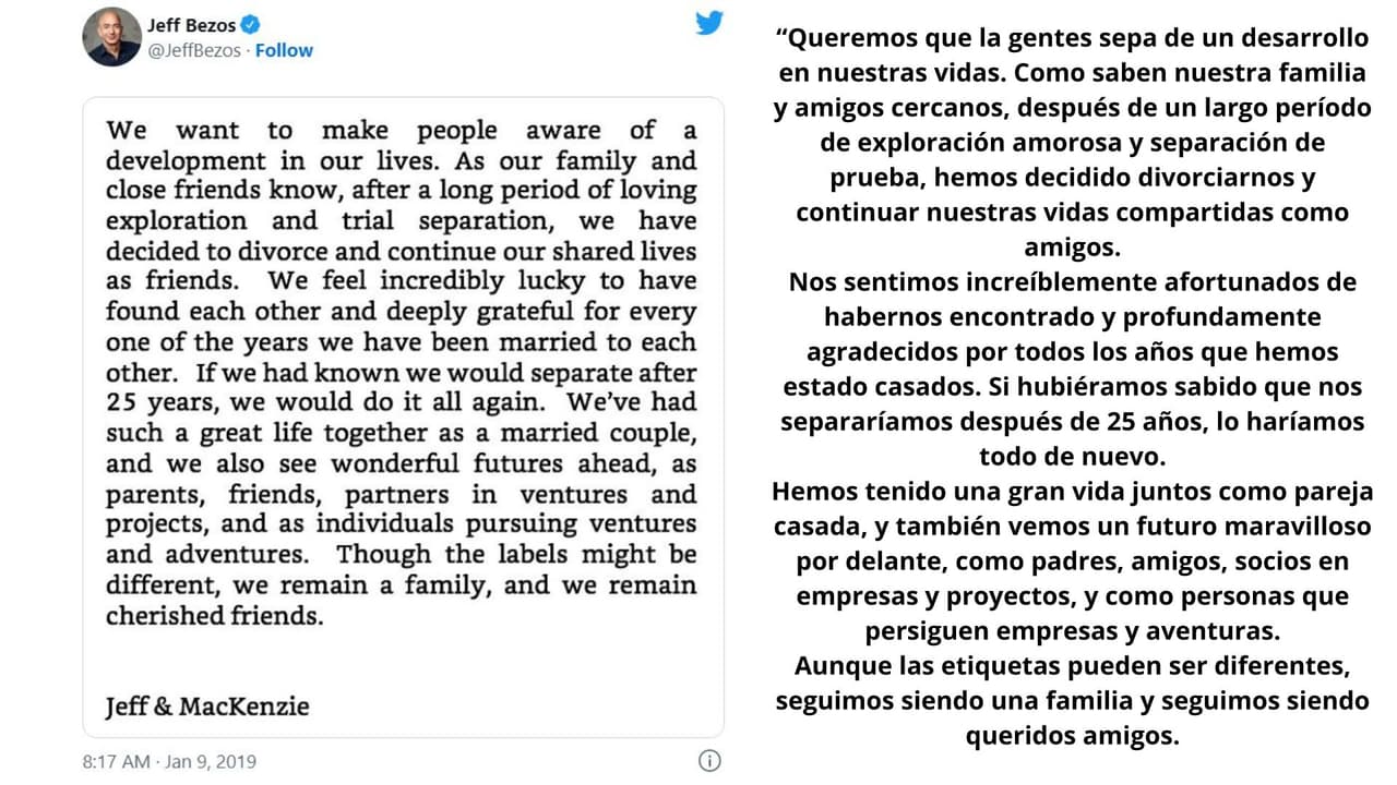 El 9 de enero de 2019, tras 25 años de matrimonio, Jeff Bezos dio a conocer en Twitter que se separaba de su esposa. Tres meses después, en abril, su divorcio se hizo oficial.
