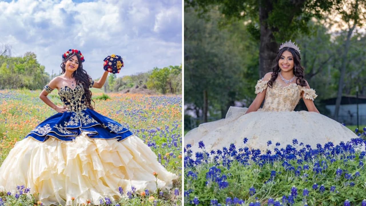 Las quinceañeras también lucen sus imponentes vestidos en los jardines de bluebonnets como estas fotos que nos envió Irene Sanelias.