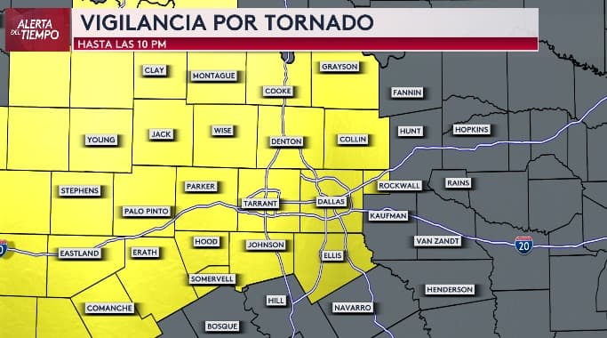 Extienden la vigilancia por tornado hasta las 10 de la noche de este domingo; incluye Dallas y Fort Worth.