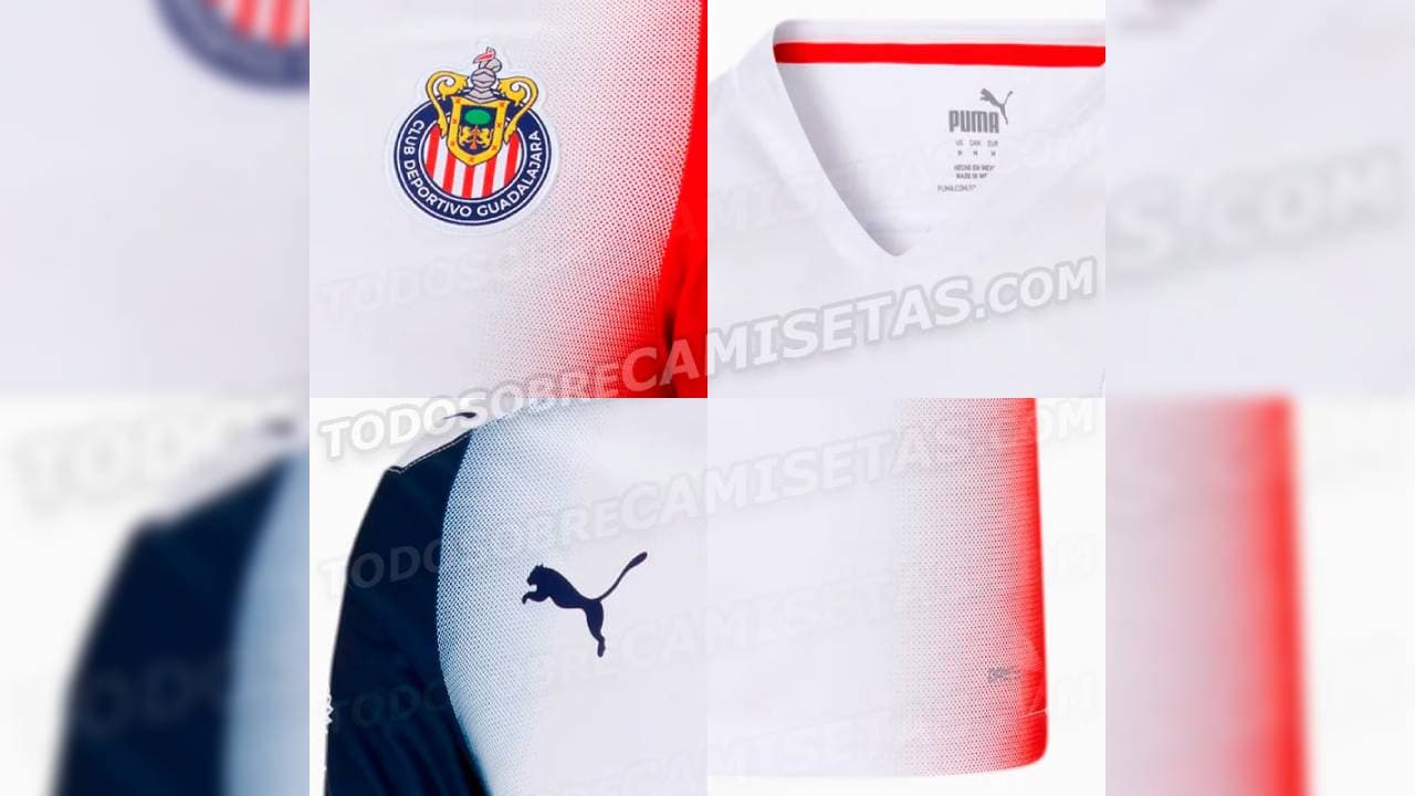 La versión de visita es blanca en el centro y a los costados luce los colores azul y rojo, característicos del Guadalajara.