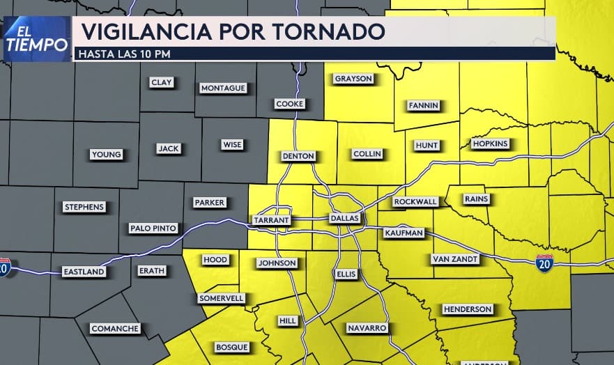 Tenemos 
<b>una Vigilancia por Tornado para los condados de Dallas, Denton, Tarrant y Collin</b> hasta las 10:00pm