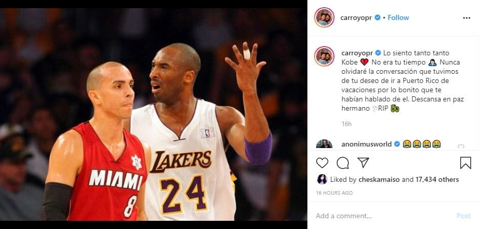 "Nunca olvidaré la conversación que tuvimos de tu deseo de ir a Puerto Rico de vacasiones”, escribió Carlos Arroyo.