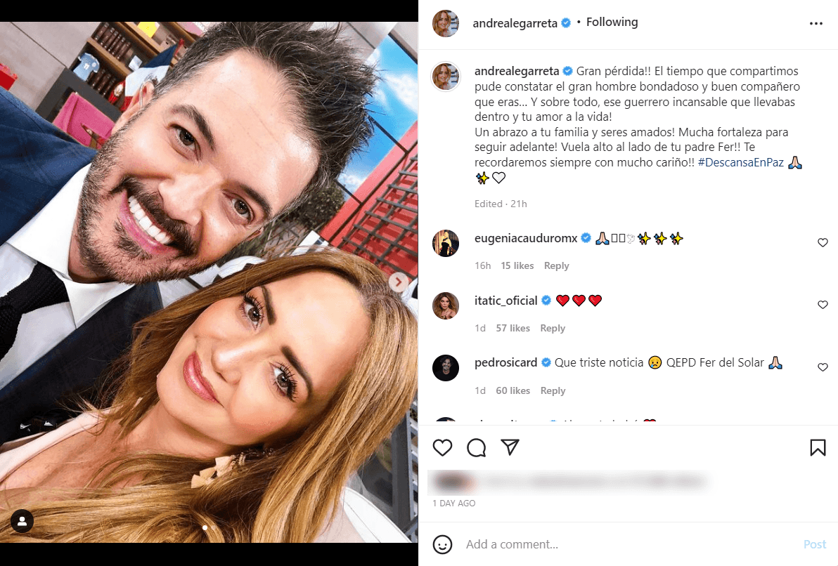 La también actriz le dedicó un emotivo mensaje en Instagram que acompañó con una fotografía en donde aparecen juntos: "¡Gran pérdida!".
<br>