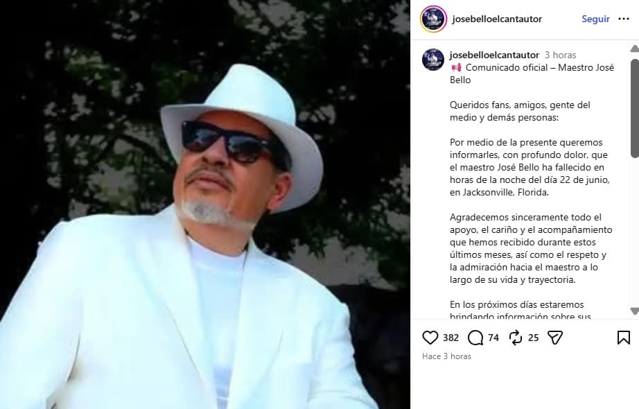 La muerte del cantante José Bello fue anunciada por medio de un comunicado.
