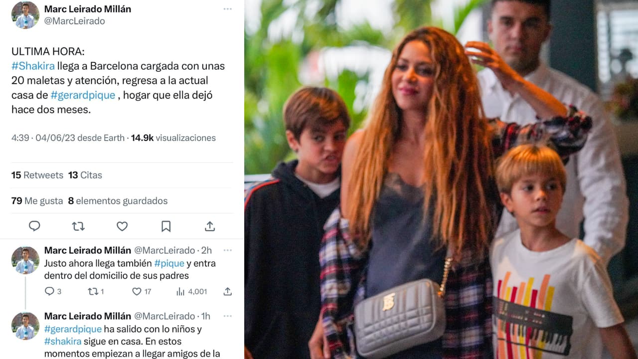 Así reportó el periodista Marc Leirado el regreso de Shakira junto a sus hijos a Barcelona. A la derecha aparece la cantante con ellos en una de las más recientes fotos en la que fue captada en Miami.