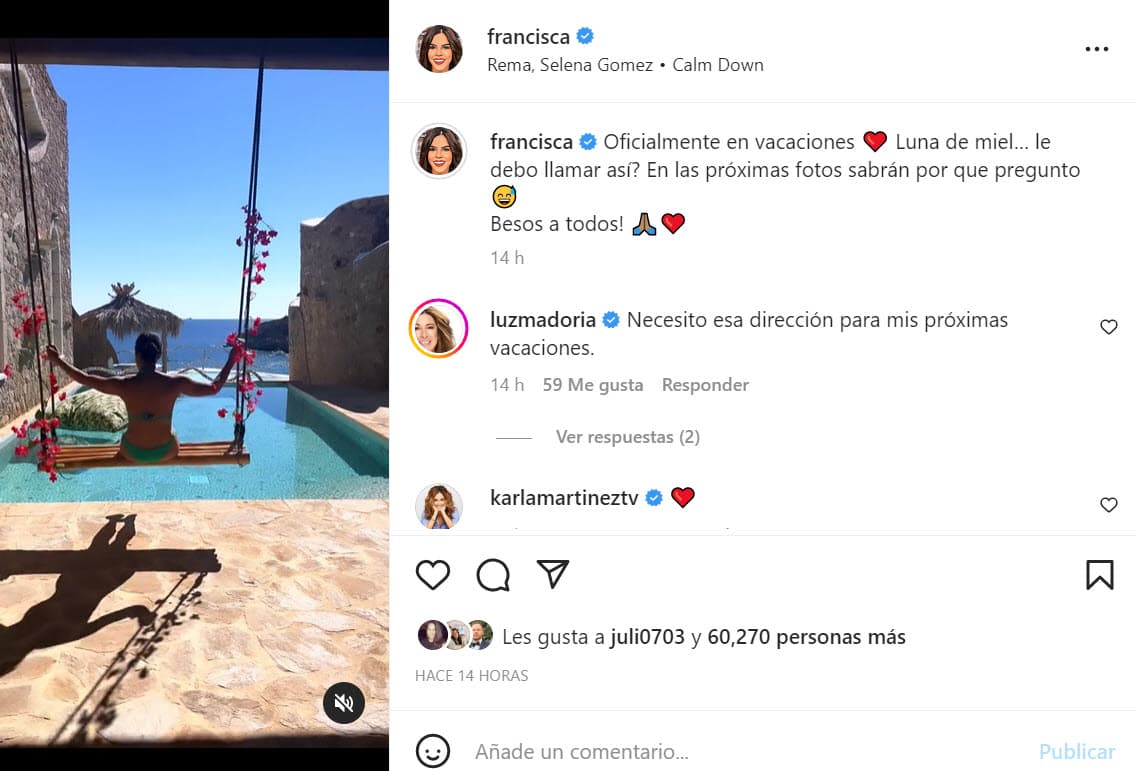 "
<b>Luna de miel… ¿le debo llamar así?</b> En las próximas fotos sabrán por qué pregunto", escribió junto a esta imagen en la que se le observa a ella y dejando en incertidumbre a sus 4 millones de seguidores. 
<br>