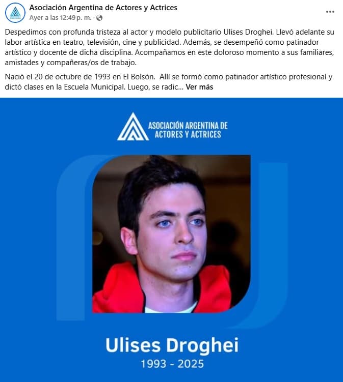 La muerte del actor Ulises Droghei fue dada a conocer por la Asociación Argentina de Actores y Actrices.