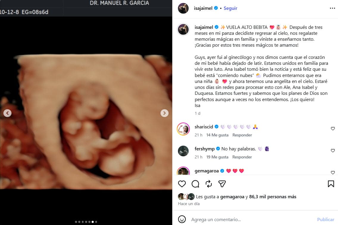Isa Jaime anuncia que perdió a su bebé.