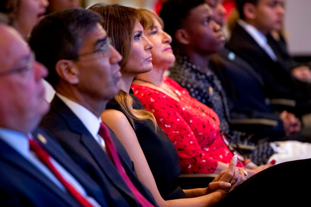 From left, acting DEA Administrator Uttam Dhillon, First lady Melania Trump, and Mika Camarena, the wife of former DEA agent Kiki Camarena who was killed in 1985 while on assignment in Mexico attend a Red Ribbon Rally at the Drug Enforcement Agency in Arlington, Va., Monday, Oct. 7, 2019.