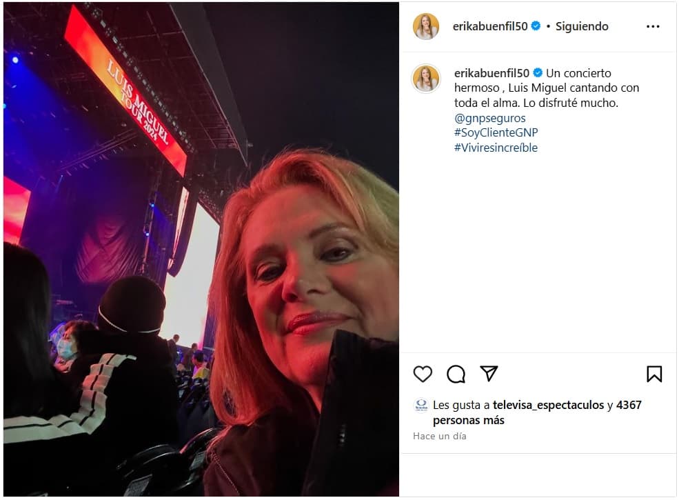 Erika Buenfil presumió que asistió al concierto de Luis Miguel en la capital mexicana.